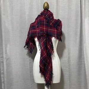 New Unused Francesca’s Brand Scarf-Plaid-Red/Navy/Yellow-Raw Edge Fringe